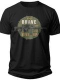 Men's Black Graphic T-Shirt "Stay Brave Never Give Up" Slogan Tactical Style Short Sleeve Cotton Tee Casual Wear