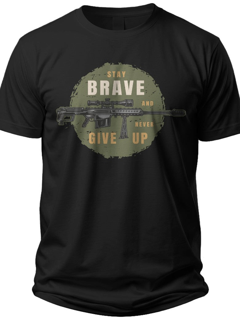 Men's Black Graphic T-Shirt "Stay Brave Never Give Up" Slogan Tactical Style Short Sleeve Cotton Tee Casual Wear