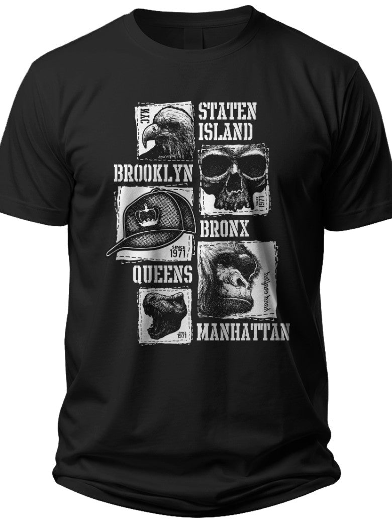 Men's & Women's Black Graphic T-Shirt Urban NYC Boroughs Theme Design Short Sleeve Casual Tee Top