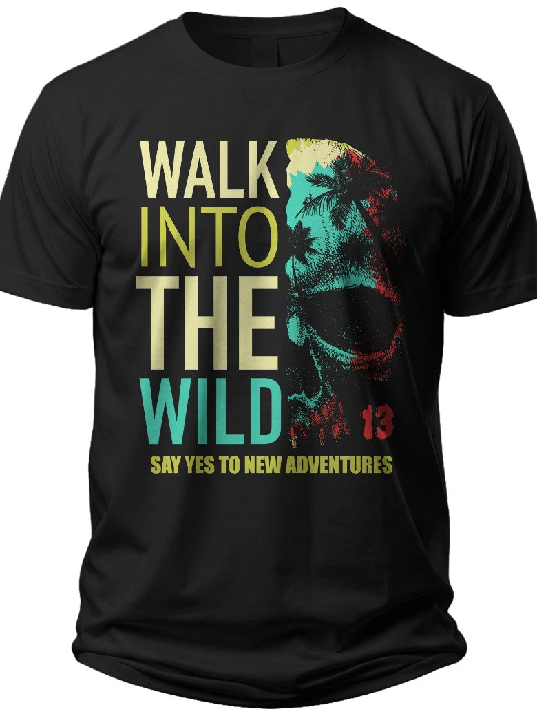 Men's Black Adventure T-Shirt, 'Walk Into The Wild' Nature Graphic Tee, Outdoor Travel Explore Top