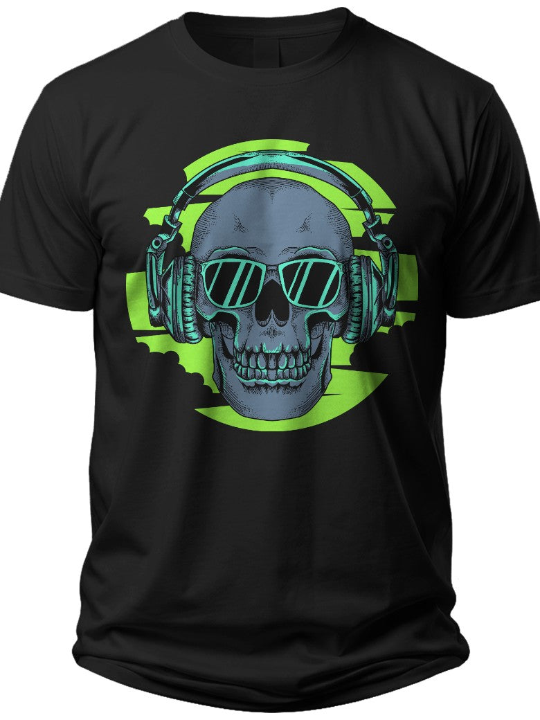 Men's Cool Skull Graphic T-Shirt with Headphones & Sunglasses Design Casual Short Sleeve Tee for Everyday Wear