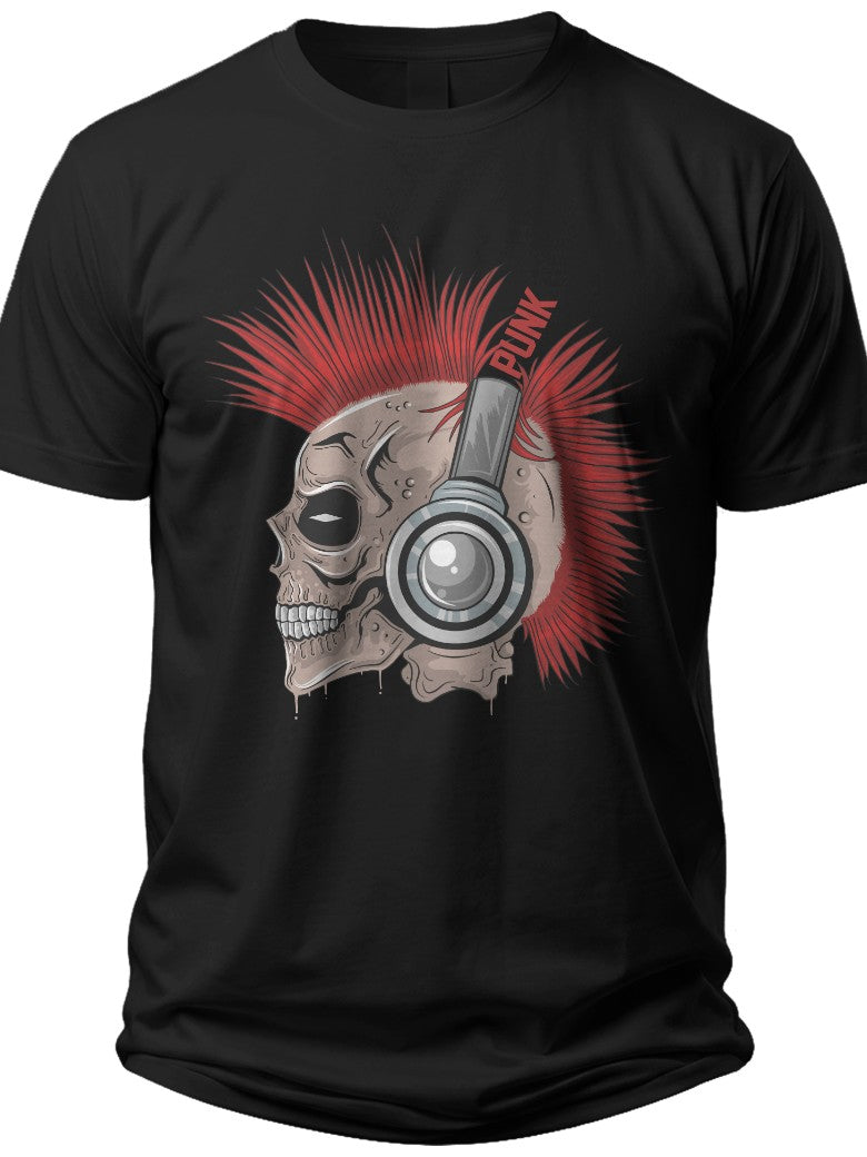 Men's Short Sleeve Crewneck T-Shirt with Skull Mohawk Headphones Graphic | Punk Rock Alternative Music Tee Top