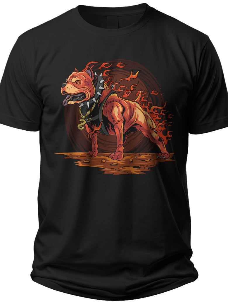 Men's Black Fiery Mythical Beast Dog Graphic T-Shirt Fantasy Monster Tee Short Sleeve Casual Apparel