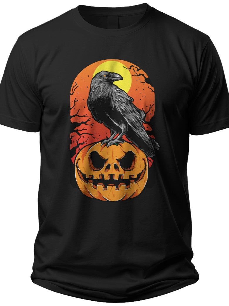 Halloween Crow on Jack O'Lantern T-Shirt Spooky Full Moon Graphic Tee for Men Women Adults