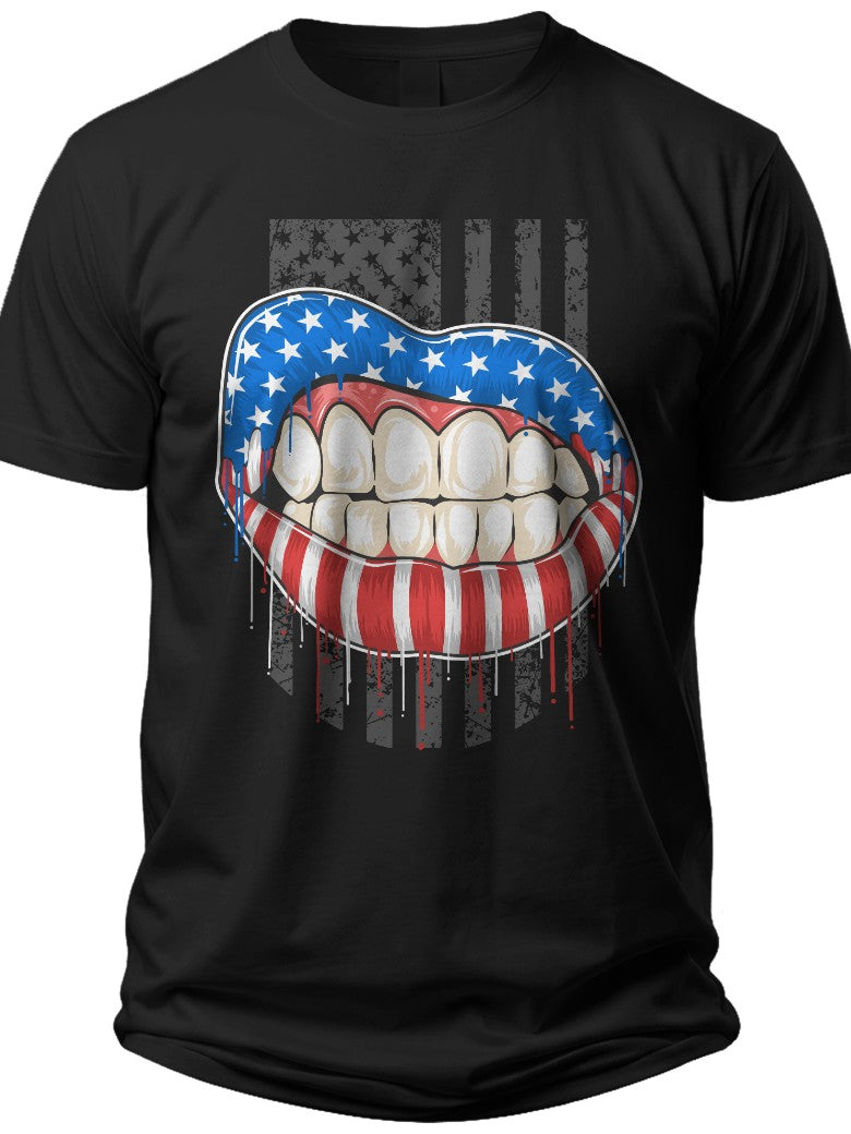 Unisex American Flag Lips Graphic T-Shirt Men Women Patriotic USA Stars Stripes Tee for 4th of July