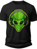 Black T-Shirt for Men Women featuring Green Alien Head with Headphones Graphic Tee Sci-Fi Music Lover Gift