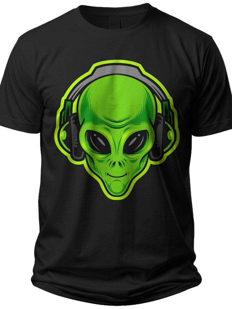 Black T-Shirt for Men Women featuring Green Alien Head with Headphones Graphic Tee Sci-Fi Music Lover Gift