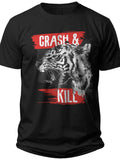 Men's Black Roaring Tiger Graphic Tee Crash & Kill Print Short Sleeve Casual Crew Neck T-Shirt Streetwear Top