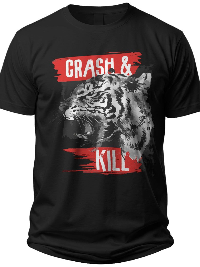 Men's Black Roaring Tiger Graphic Tee Crash & Kill Print Short Sleeve Casual Crew Neck T-Shirt Streetwear Top