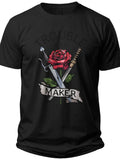 Unisex Trouble Maker Graphic T-Shirt Men Women Black Short Sleeve Rose and Swords Design Edgy Casual Tee Top