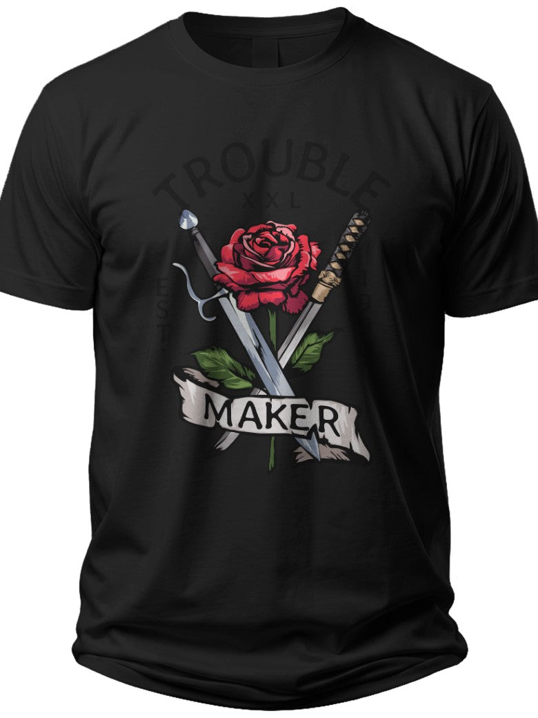 Unisex Trouble Maker Graphic T-Shirt Men Women Black Short Sleeve Rose and Swords Design Edgy Casual Tee Top