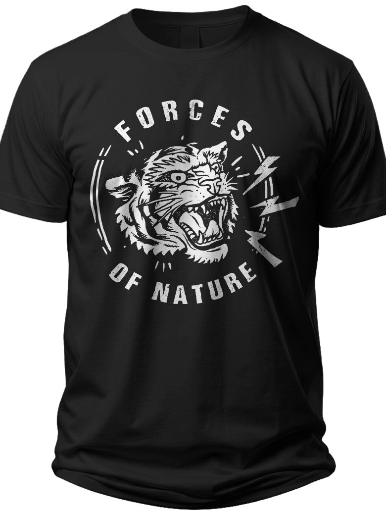 Men's Black Graphic T-Shirt Roaring Tiger 'Forces of Nature' Print Short Sleeve Casual Everyday Tee