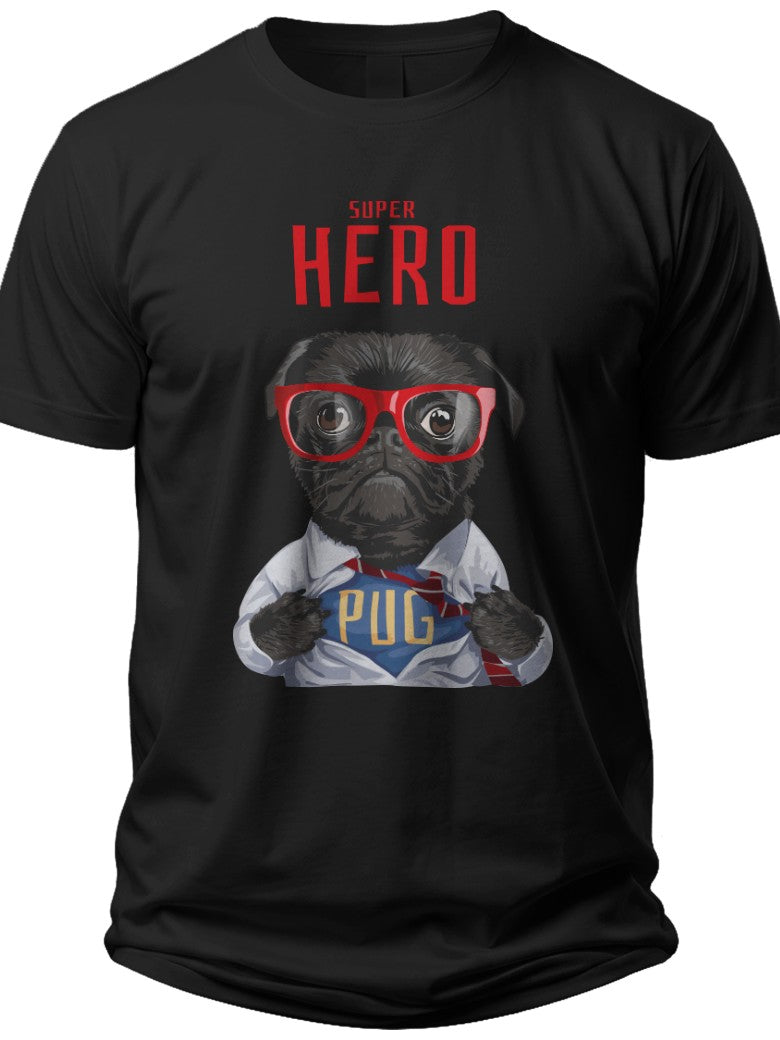 Unisex Black T-Shirt Funny Superhero Pug Dog Graphic Print Tee Cute Pet Lover Hero Design Gift for Men Women