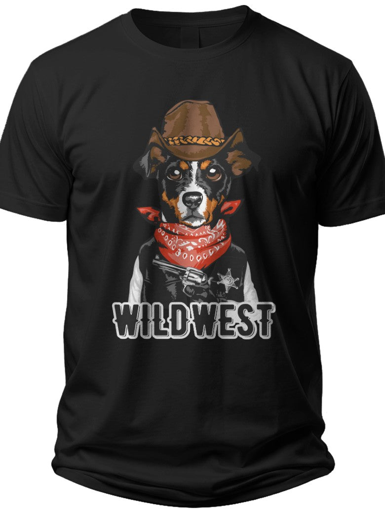 Black Wild West Cowboy Dog Graphic T-Shirt Funny Western Themed Pet Animal Lover Tee