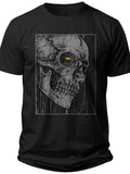 Men's Women's Black T-Shirt - Gothic Skull Graphic Print Tee with Fiery Yellow Eyes - Crew Neck Short Sleeve Top