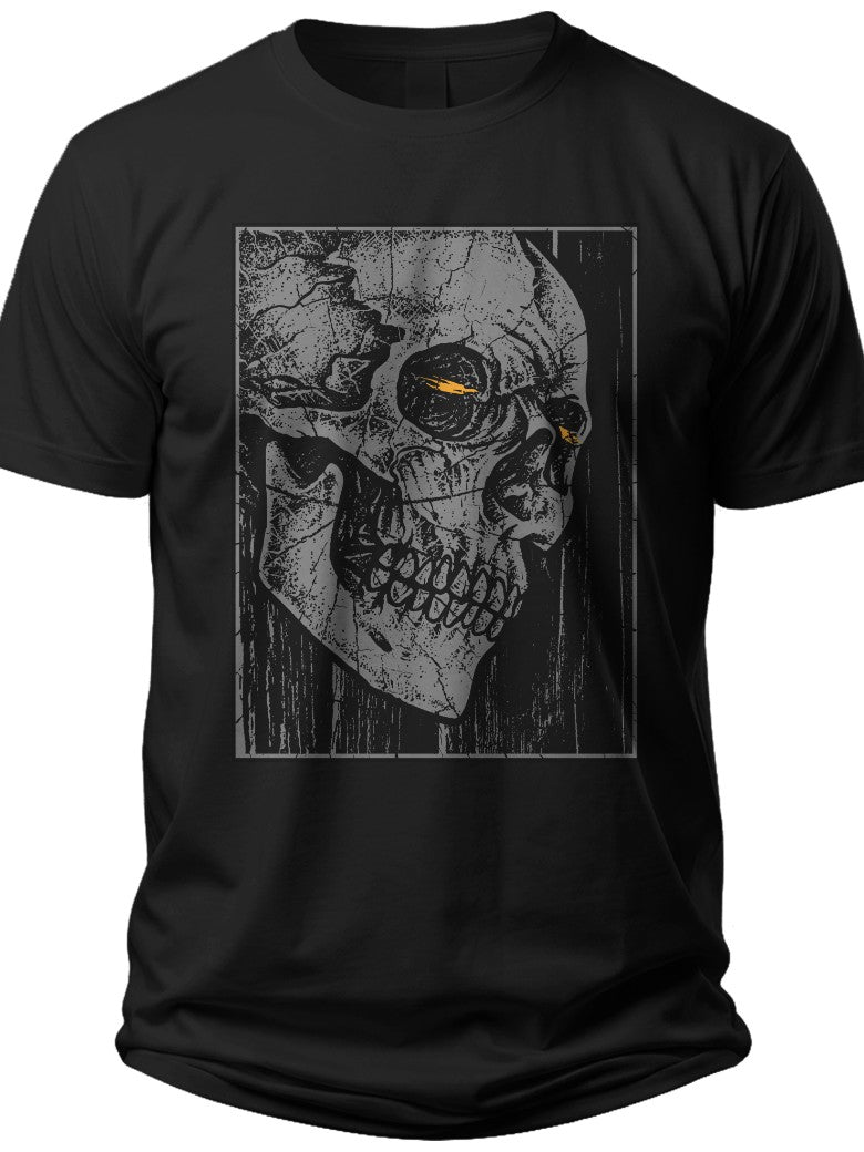 Men's Women's Black T-Shirt - Gothic Skull Graphic Print Tee with Fiery Yellow Eyes - Crew Neck Short Sleeve Top