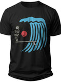 Men's Black Surfing Skeleton Graphic T-Shirt Ocean Wave Design Beach Summer Casual Tee