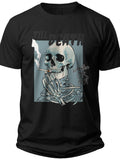 Black Skeleton Smoking Graphic T-Shirt for Men Women Casual Skull Print Dark Humour Tee