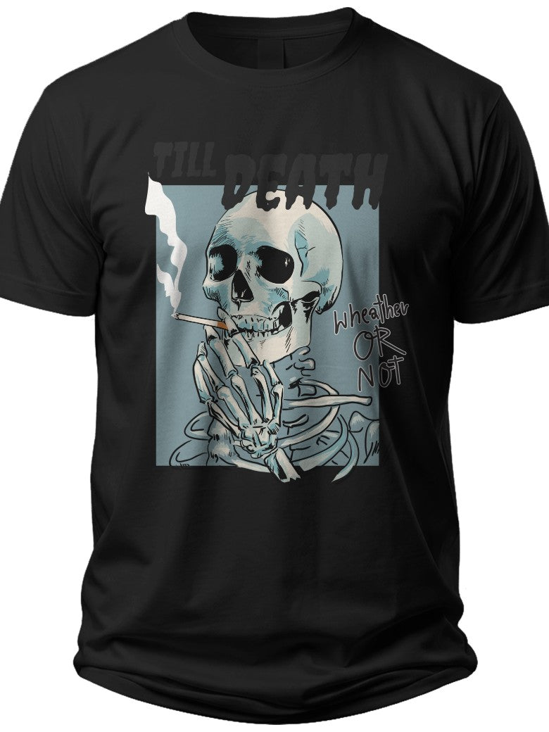 Black Skeleton Smoking Graphic T-Shirt for Men Women Casual Skull Print Dark Humour Tee