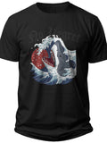 Unisex Black Graphic T-Shirt featuring Shark and Ocean Waves Japanese Art Style Print Short Sleeve Casual Tee