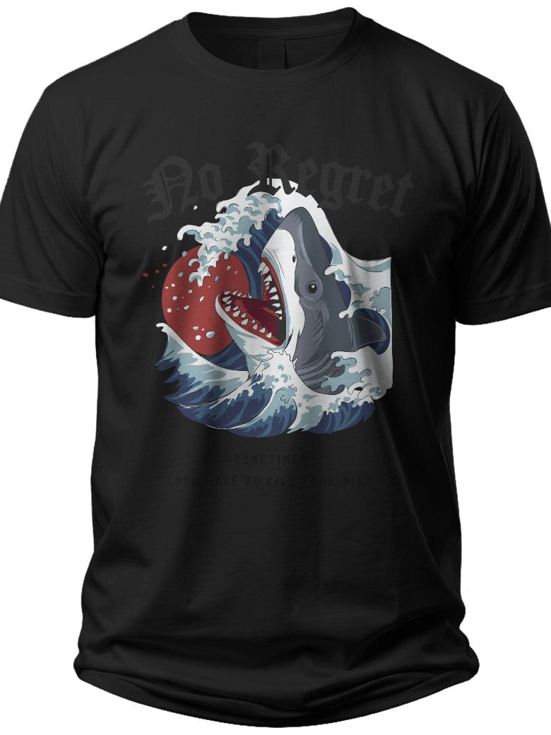 Unisex Black Graphic T-Shirt featuring Shark and Ocean Waves Japanese Art Style Print Short Sleeve Casual Tee