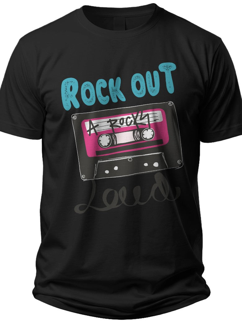 Black Retro Cassette Tape Graphic T-Shirt Rock Out Loud Music Lover Vintage Style Tee Unisex Cotton Top