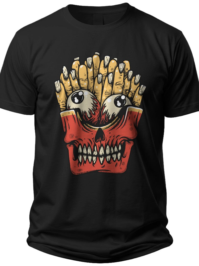 Unisex Black Spooky French Fries Skull Eyeballs Graphic T-Shirt - Funny Horror Halloween Party Casual Tee