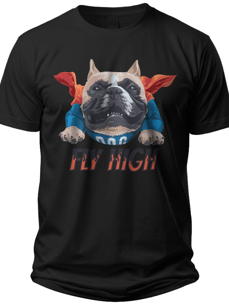 Men's Black French Bulldog Superhero T-Shirt Funny Dog Graphic Tee Fly High Casual Top for Dog Lovers