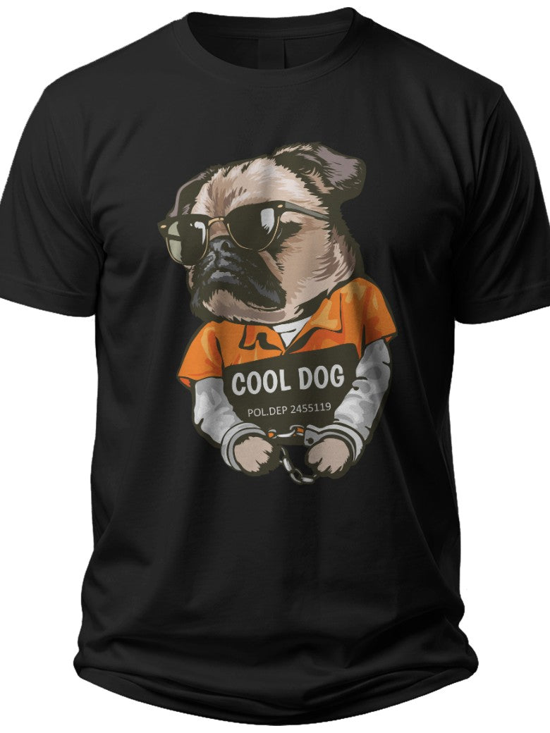 Black Unisex Funny Pug Dog Graphic T-Shirt Cool Dog in Sunglasses and Prisoner Style Print Short Sleeve Tee