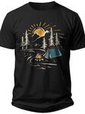 Black Camping T-Shirt for Men Women - Outdoor Nature Graphic Tee Short Sleeve Casual Top - Campfire Mountain Forest Adventure Print for Hiking & Travel Enthusiasts