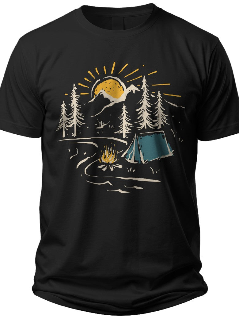 Black Camping T-Shirt for Men Women - Outdoor Nature Graphic Tee Short Sleeve Casual Top - Campfire Mountain Forest Adventure Print for Hiking & Travel Enthusiasts