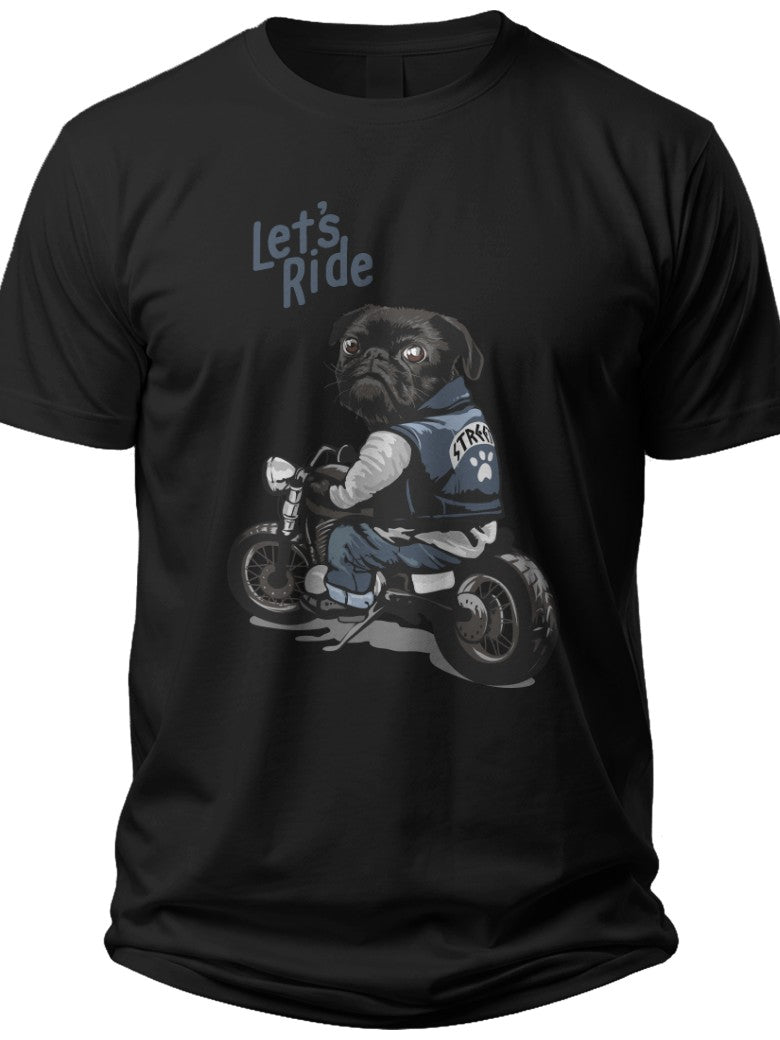 Unisex Black T-Shirt Funny Dog Riding Motorcycle 'Let's Ride' Graphic Tee for Biker & Animal Lovers
