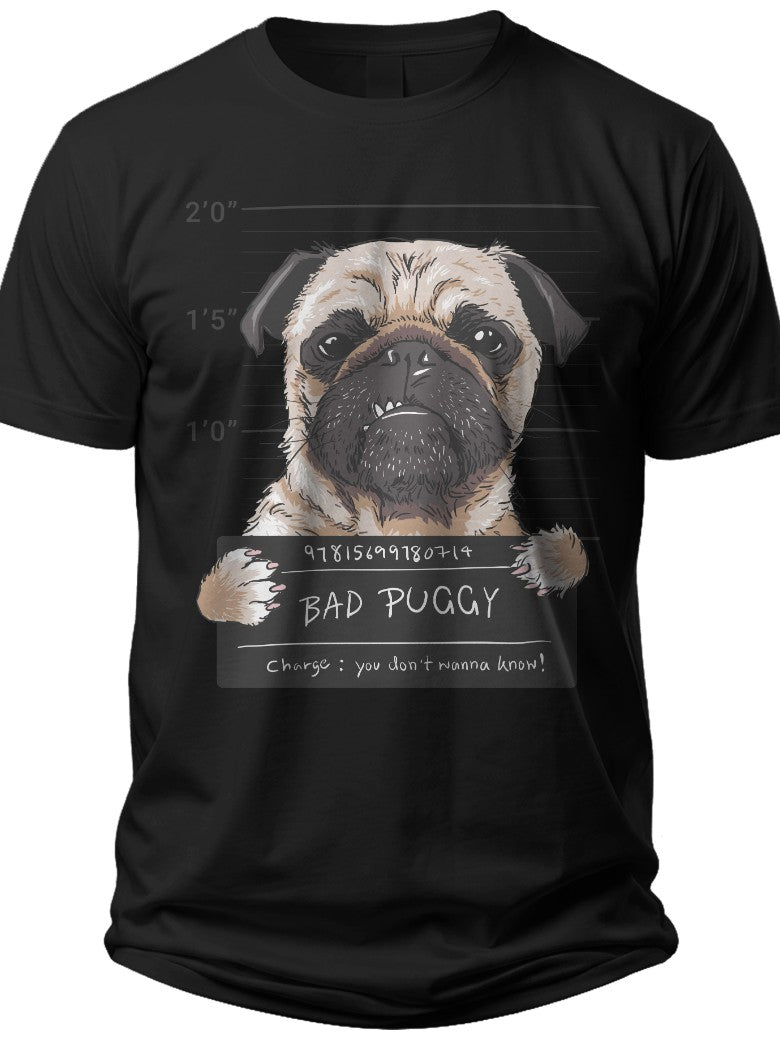 Funny Pug Dog T-Shirt for Men Women | Bad Puggy Mugshot Graphic Tee | Dog Lover Gift | Black Short Sleeve Casual Top