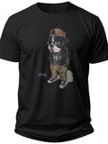 Black Graphic T-Shirt for Men Women Cool Dog in Hat & Jacket Print Short Sleeve Casual Urban Streetwear Tee