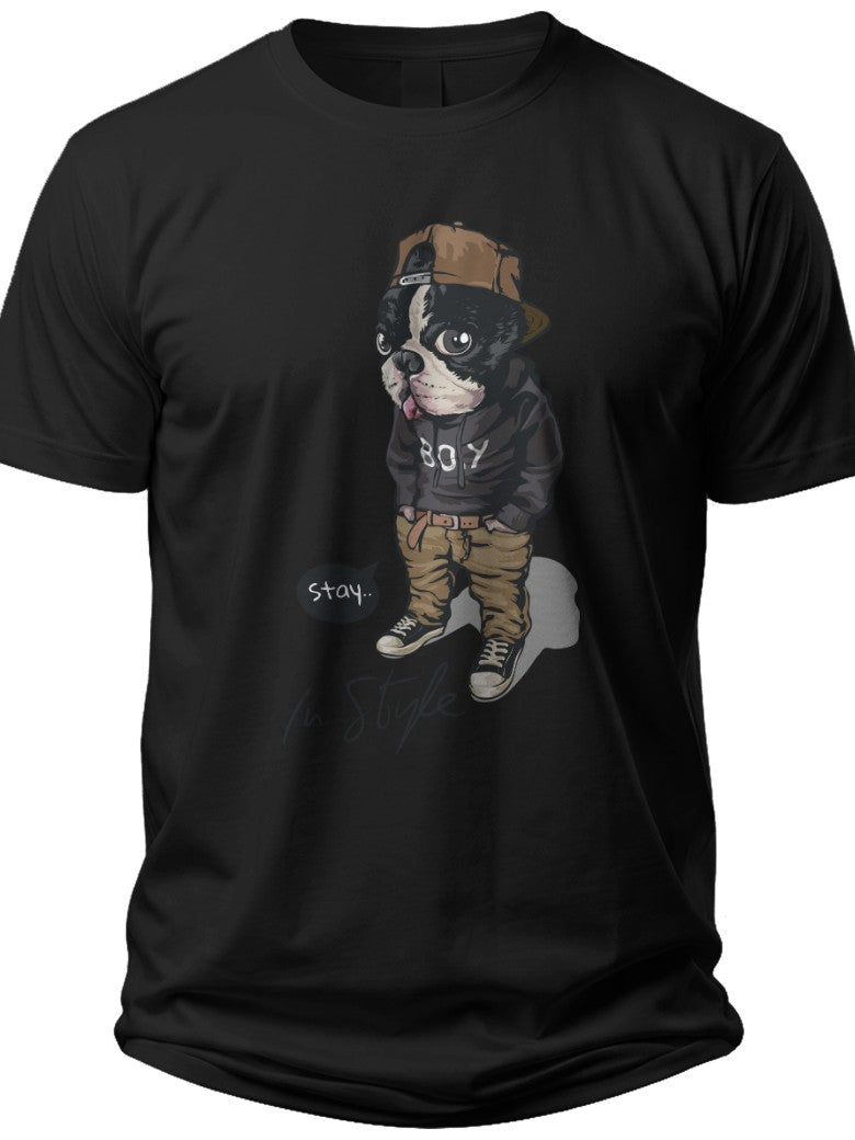 Black Graphic T-Shirt for Men Women Cool Dog in Hat & Jacket Print Short Sleeve Casual Urban Streetwear Tee