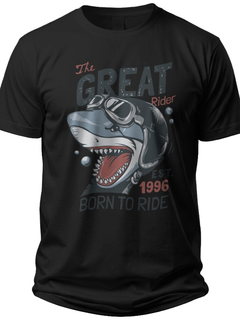 Men's Black Shark Graphic Tee Vintage Goggles 'Born to Ride' Print Soft Cotton Casual Short Sleeve Shirt