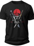 Men's Black Skull & Crossed Swords Graphic T-Shirt Edgy Warrior Design Tee with Red Circle for Casual Wear