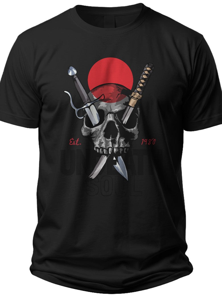 Men's Black Skull & Crossed Swords Graphic T-Shirt Edgy Warrior Design Tee with Red Circle for Casual Wear