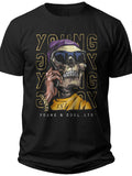 Men's Black Graphic Skull T-Shirt with Beanie & Sunglasses Phone Call Print Urban Streetwear Casual Tee Top