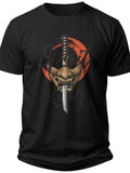 Men's Japanese Demon Oni Mask Katana Sword Graphic T-Shirt Casual Samurai Culture Streetwear Tee Black