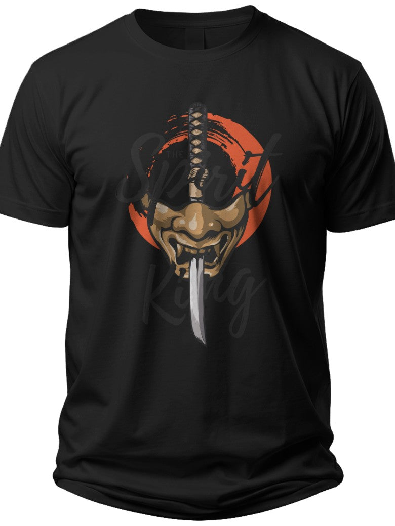 Men's Japanese Demon Oni Mask Katana Sword Graphic T-Shirt Casual Samurai Culture Streetwear Tee Black