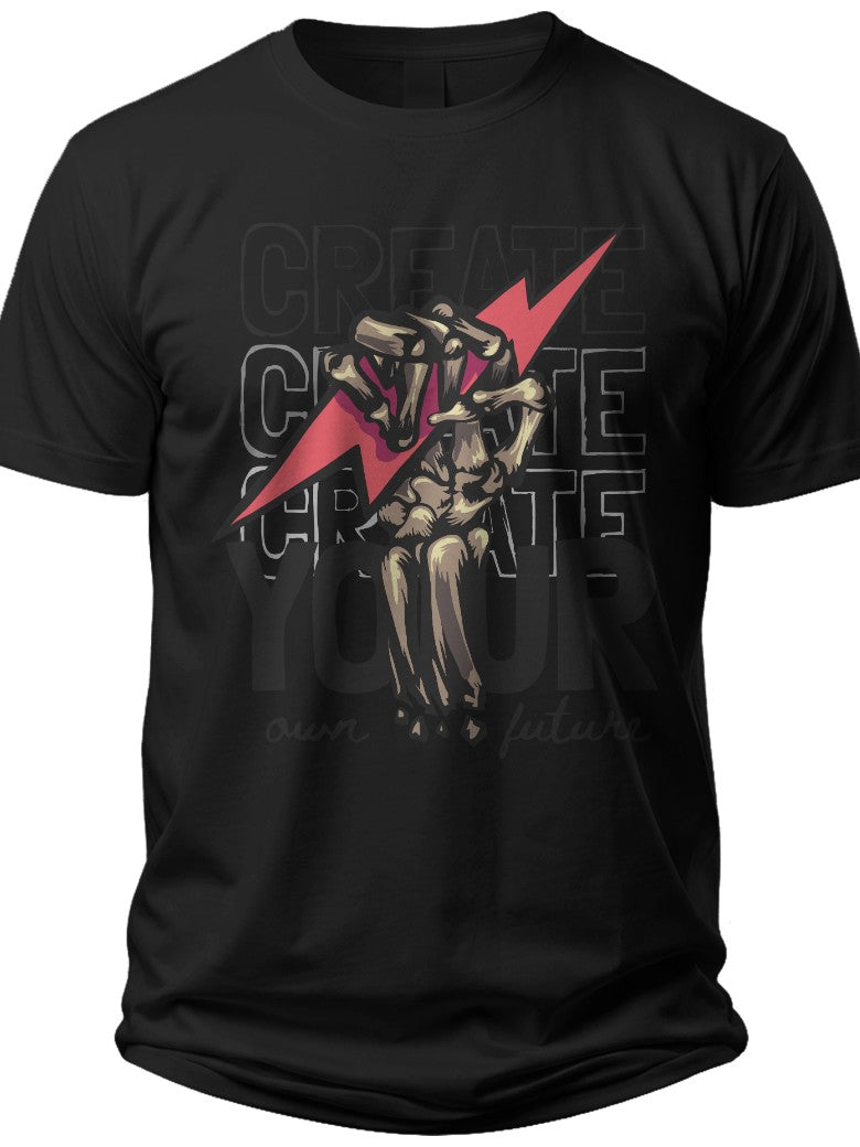 Men's Women's Black Graphic T-Shirt Edgy Skeleton Fist Red Lightning Bolt Print Short Sleeve Crew Neck Casual Top