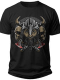 Men's Viking Warrior T-Shirt Black Norse Mythology Skull Axes Graphic Print Short Sleeve Crew Neck Casual Tee Gift