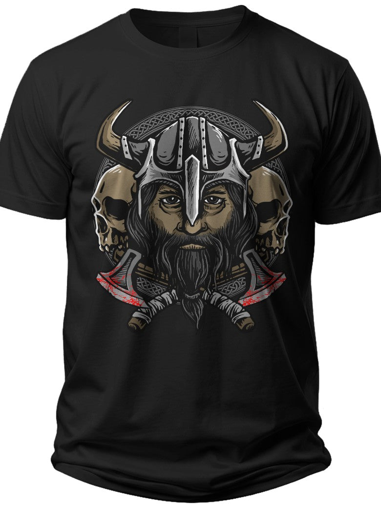 Men's Viking Warrior T-Shirt Black Norse Mythology Skull Axes Graphic Print Short Sleeve Crew Neck Casual Tee Gift