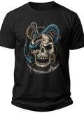 Men's Black Skull and Snake Graphic T-Shirt Short Sleeve Dark Fantasy Pirate Theme Tee for Casual Wear