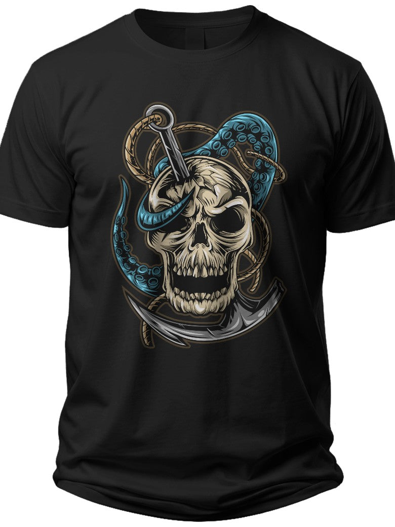 Men's Black Skull and Snake Graphic T-Shirt Short Sleeve Dark Fantasy Pirate Theme Tee for Casual Wear