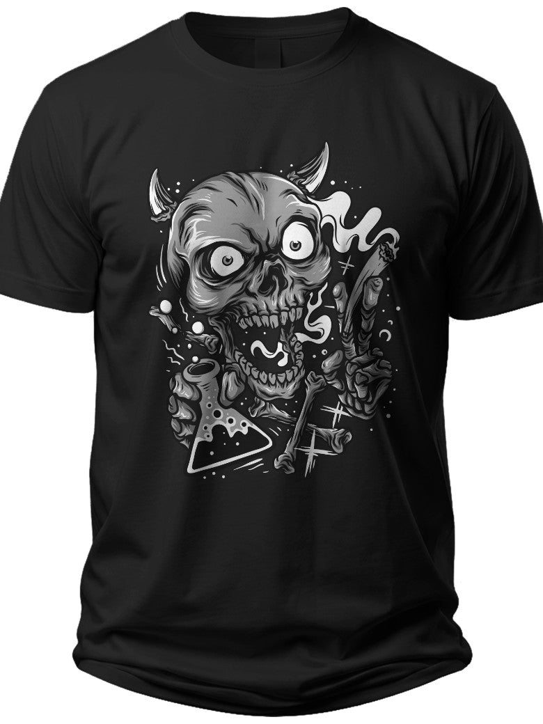 Men's Horned Skull T-Shirt Mad Scientist Alchemy Graphic Tee Spooky Horror Halloween Goth Punk Rock Shirt