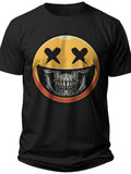 Unisex Black Graphic T-Shirt with Edgy Skull Emoji Face & X Eyes Design, Spooky Novelty Tee for Halloween & Casual Wear