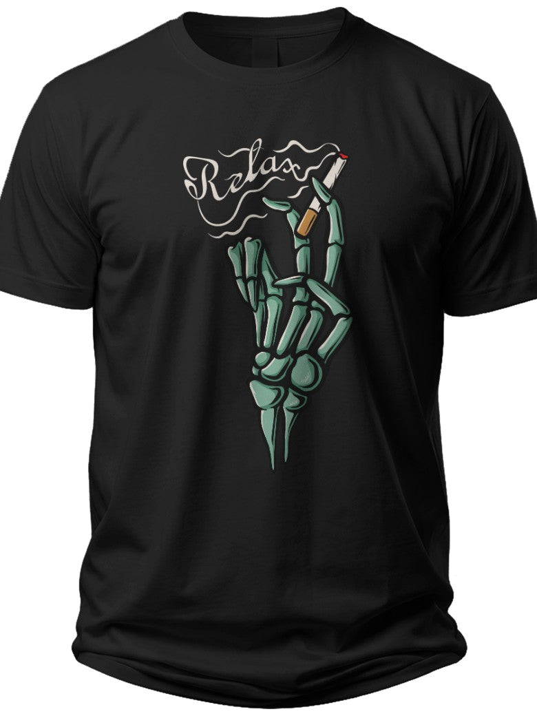 Unisex Black Graphic T-Shirt Skeletal Hand Peace Sign 'Relax' Smoke Design Casual Short Sleeve Tee Top