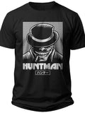 Men's Black Huntman Graphic T-Shirt Mysterious Fedora Hat Smiling Character Print Casual Cotton Tee